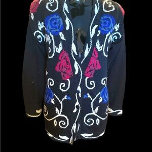 Floral Knit Cardigan with Blue and Pink Roses